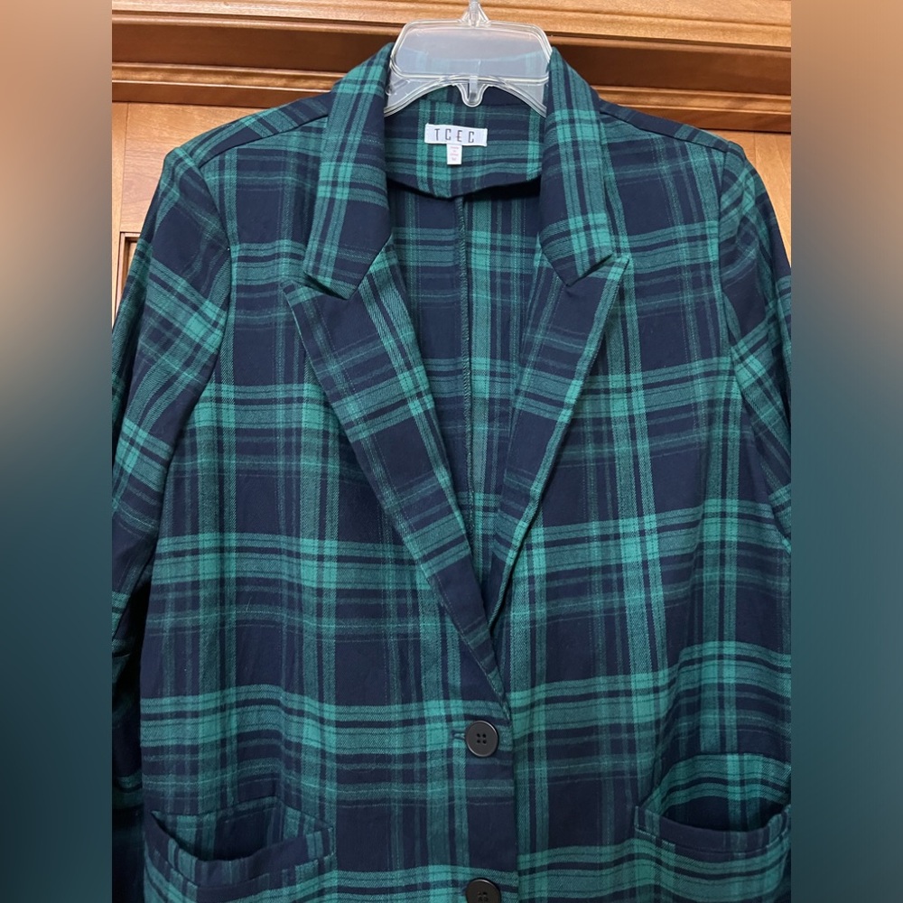 TCEC Plaid Blazer Size Medium Green and Blue Shoulder Pads Holiday Christmas - Picture 2 of 8